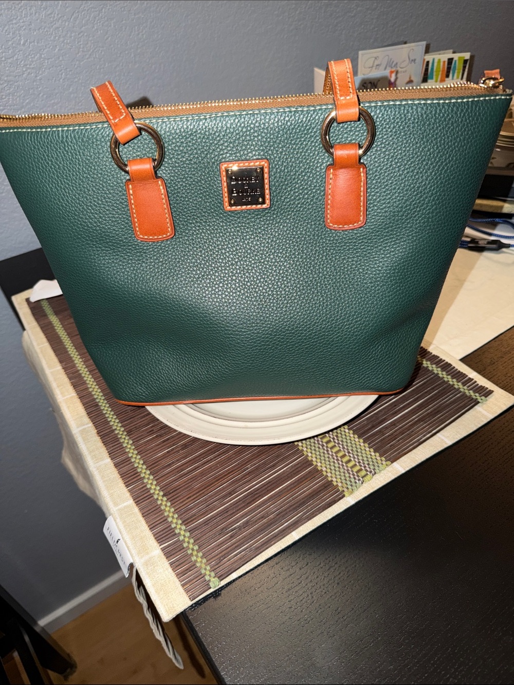 Dooney & Bourke Forest Green Pebbled Leather Tote with Tan Trim